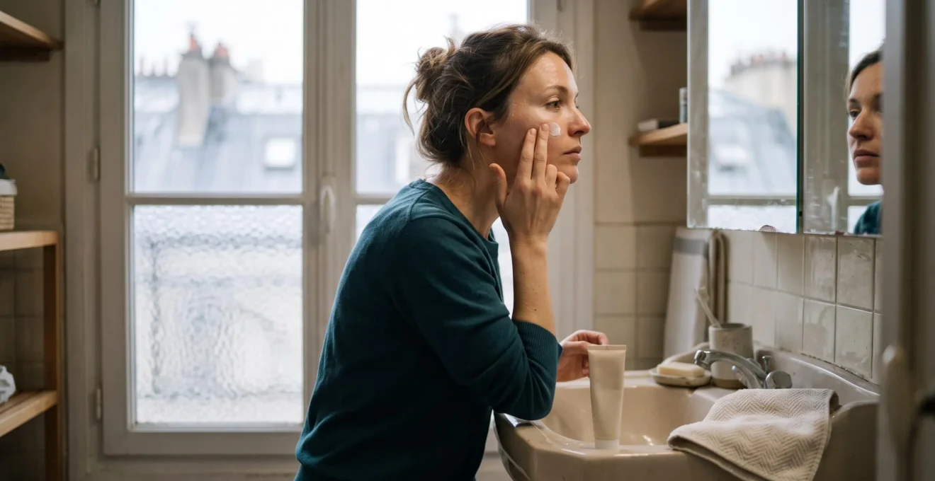 Une femme applique de la crème de jour sur sa joue devant le miroir d'une salle de bain le matin