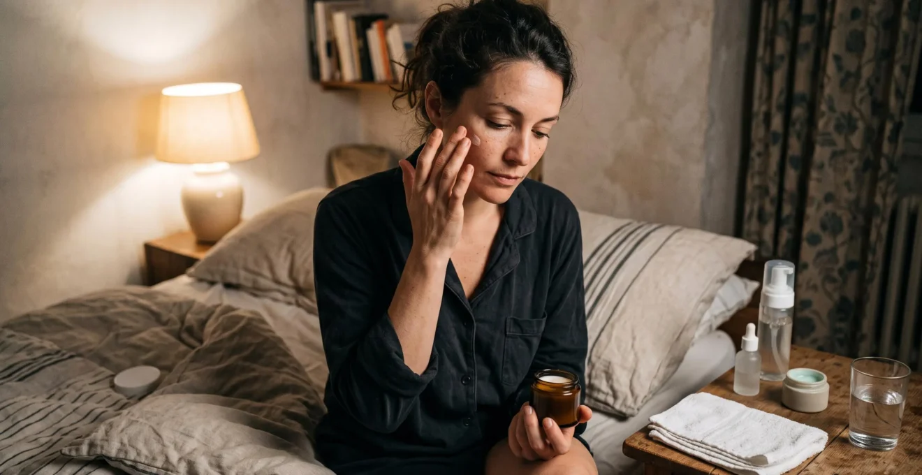 Une femme applique une petite quantité de crème de nuit du bout des doigts sur sa joue, au bord de son lit, dans une chambre faiblement éclairée par une lampe de chevet.