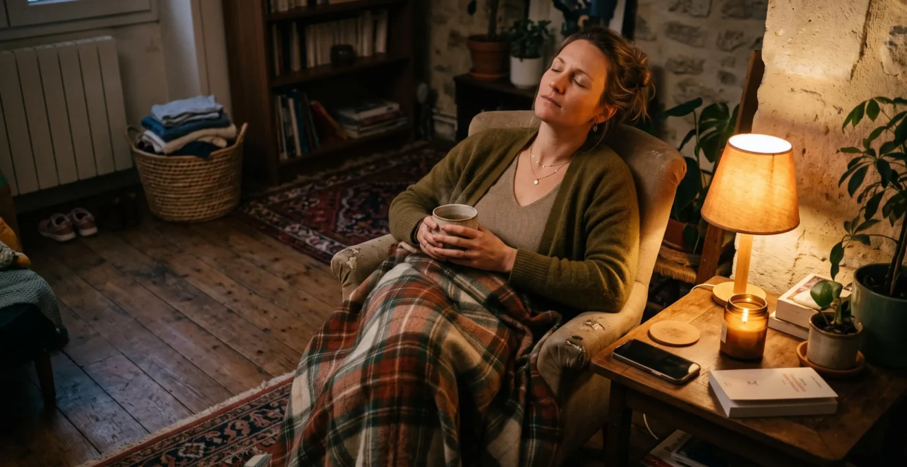 Une femme assise dans un fauteuil de son salon le soir, couverte d'un plaid, yeux fermés, près d'une bougie allumée et d'une lampe d'appoint tamisée.