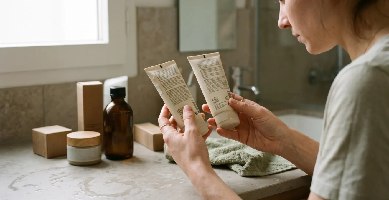 Une femme compare les étiquettes de deux tubes de cosmétiques similaires posés sur un plan de vasque de salle de bain.