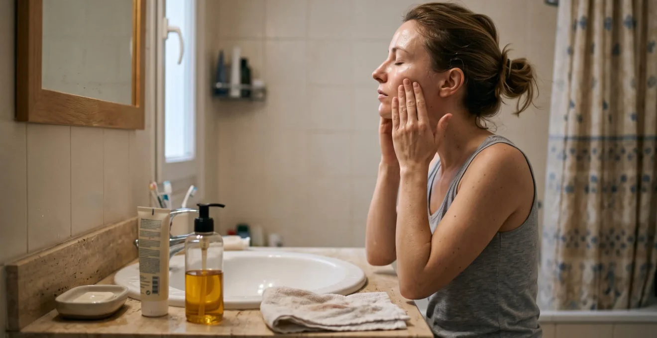 Une femme masse son visage avec une huile démaquillante au-dessus du lavabo de sa salle de bain, première étape d'un double nettoyage en fin de journée.