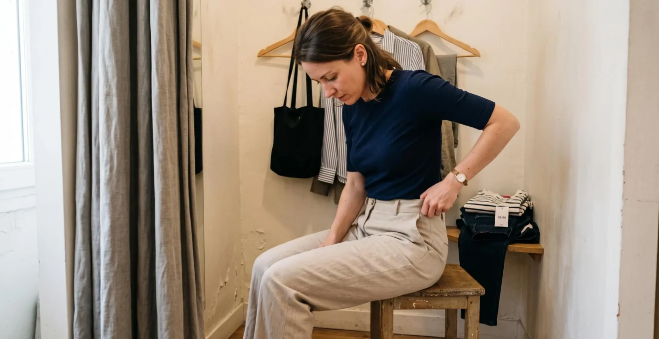 Une femme s'assoit dans une cabine d'essayage et touche la ceinture de son pantalon pour vérifier le confort en mouvement.