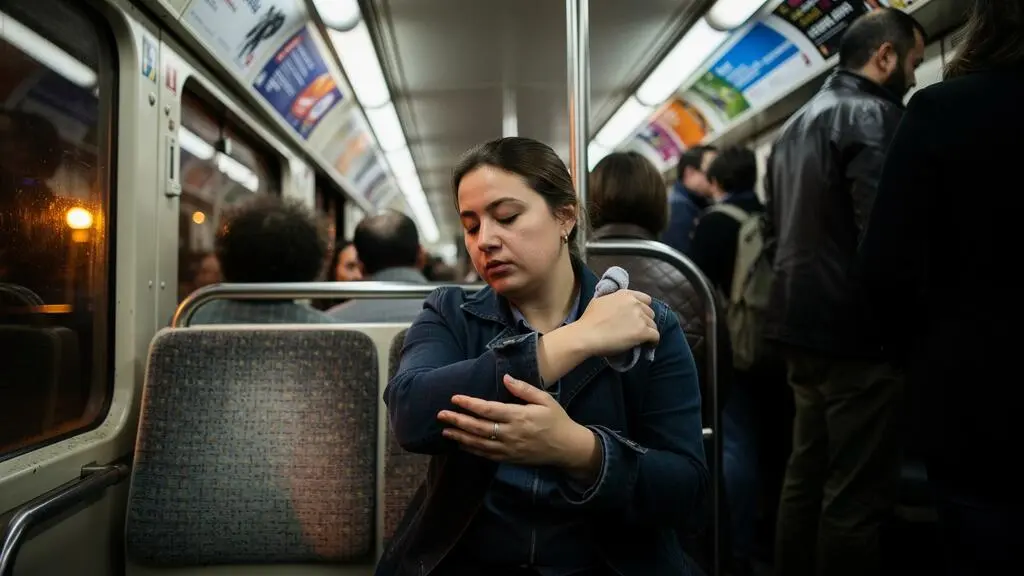 Une femme assise dans le métro presse sa paume contre son avant-bras, un geste discret d'ancrage tactile au milieu de la foule.