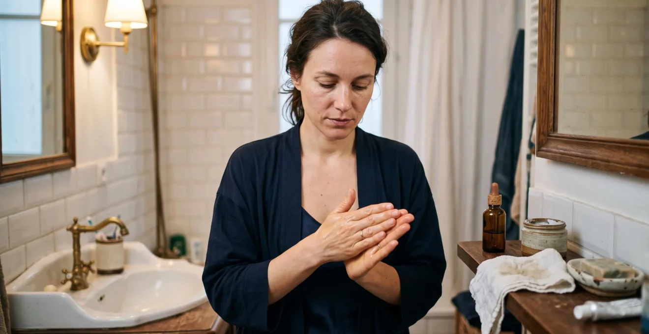 Une femme chauffe quelques gouttes d'huile végétale entre ses paumes au-dessus d'un lavabo de salle de bain, avec une bouteille en verre ambré posée à côté.