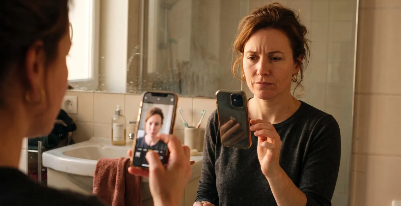 Une femme compare son reflet dans un miroir de salle de bain avec une photo sur son téléphone, sous une lumière chaude de fin de journée.