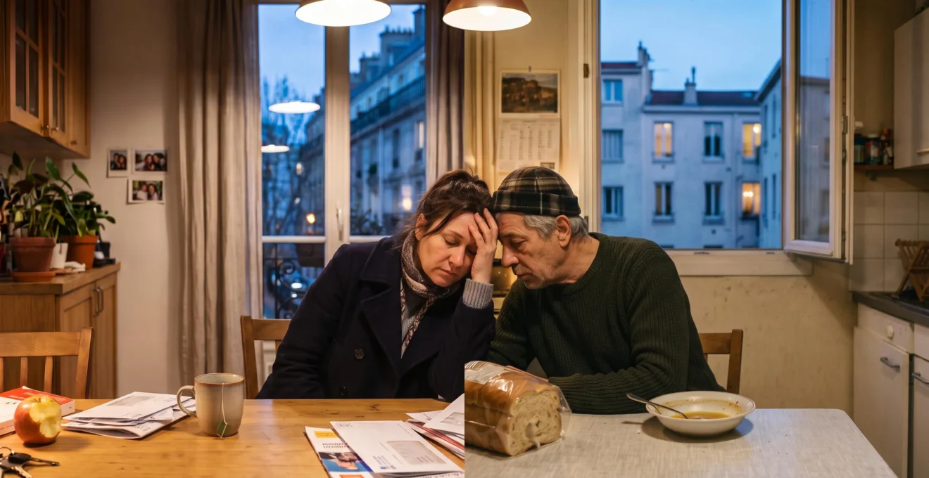 Une femme épuisée assise à la table de sa cuisine un soir, la main contre le front, dans un appartement parisien.