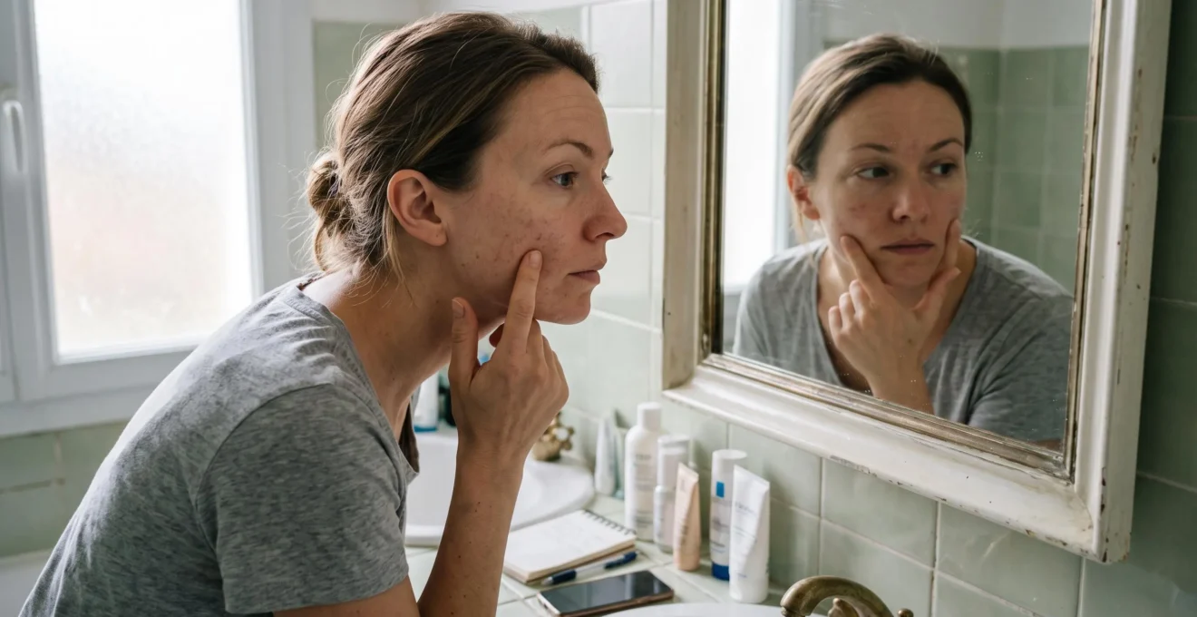 Une femme examine sa peau à nu devant un miroir de salle de bain, en pressant sa joue avec un doigt.
