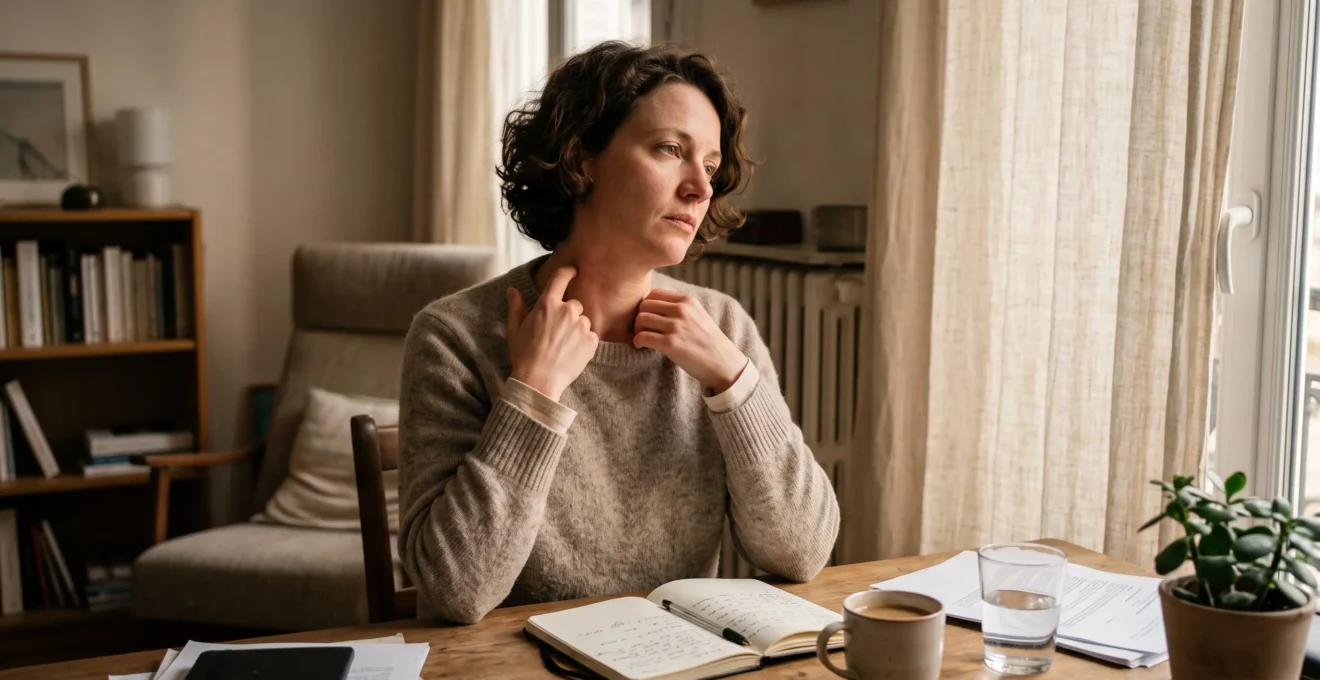 Une femme assise à son bureau en fin de journée frotte l'intérieur de son col avec une main visiblement gênée par le tissu.