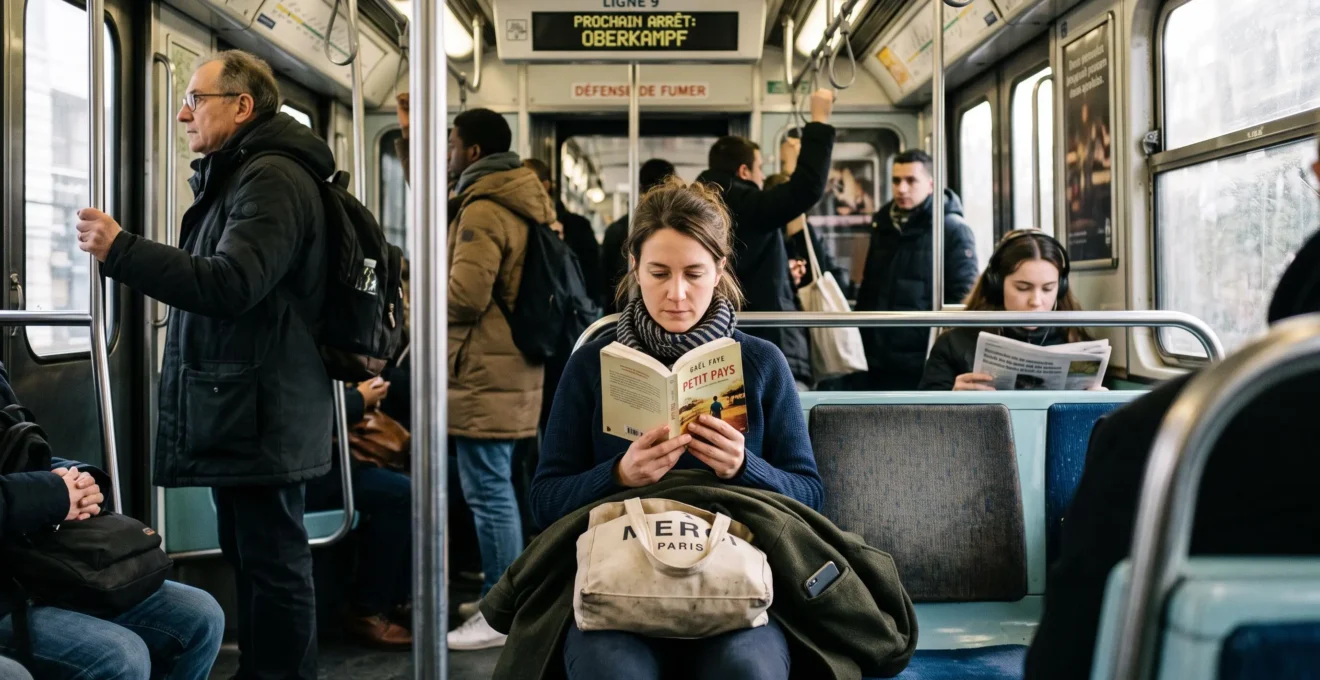 Une femme lisant calmement dans le métro le matin, son téléphone rangé dans son sac, entourée de voyageurs.