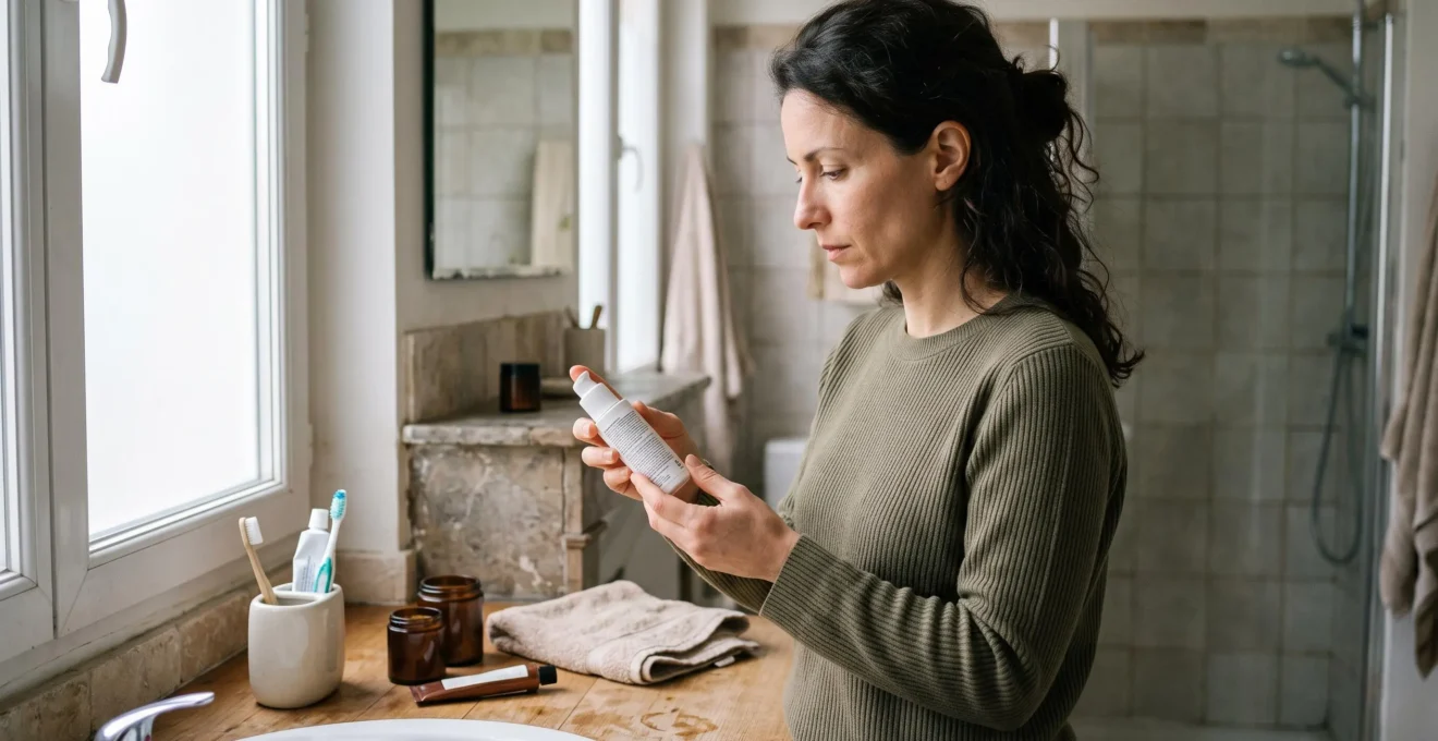 Une femme lit calmement la liste d'ingrédients au dos d'un flacon de cosmétique dans sa salle de bain.