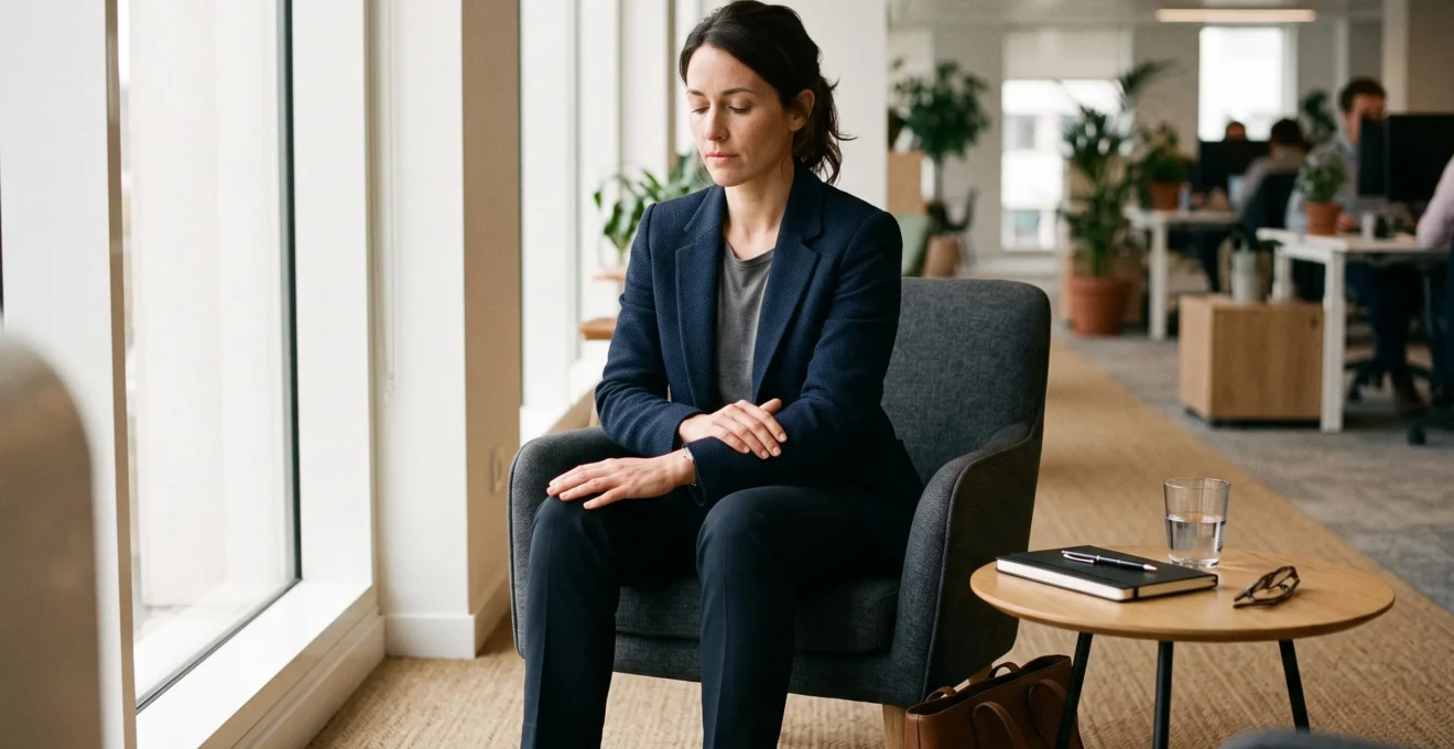 Une femme assise dans un coin calme de bureau, pieds au sol et main sur le poignet, pratique un rituel d'ancrage discret avant un rendez-vous important.