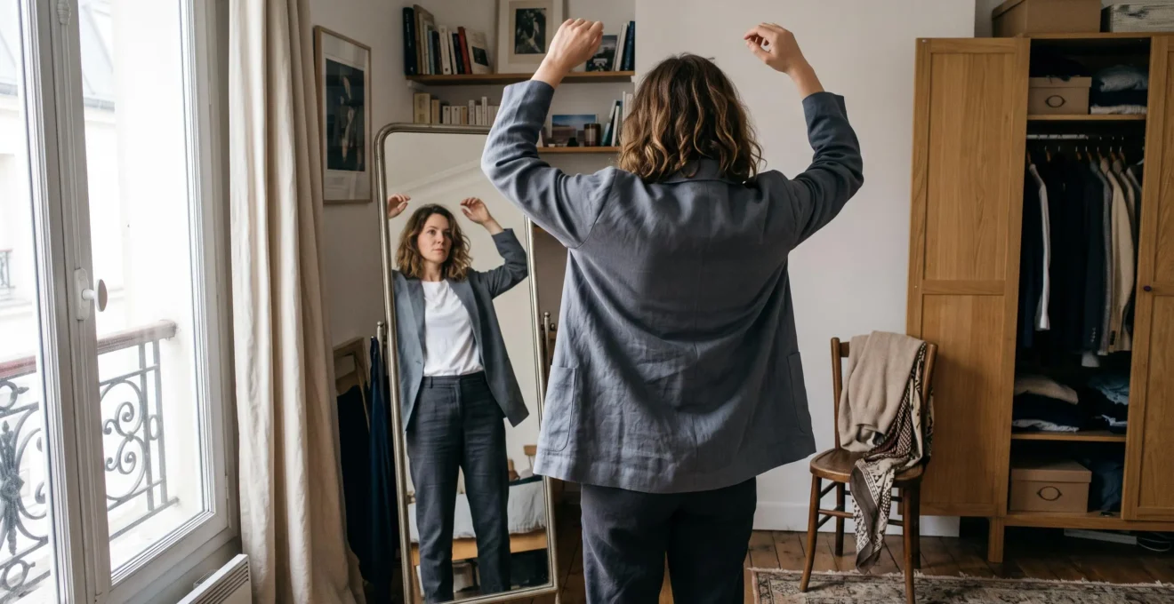 Une femme lève les bras devant un miroir pour tester l'aisance d'un veste dans son appartement baigné de lumière naturelle.