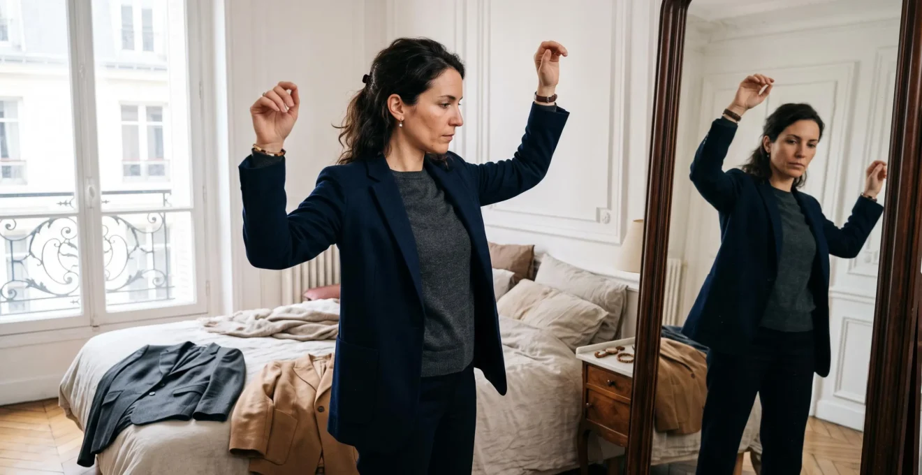 Une femme lève les bras devant son miroir pour tester la souplesse d'une veste avant une journée de travail.