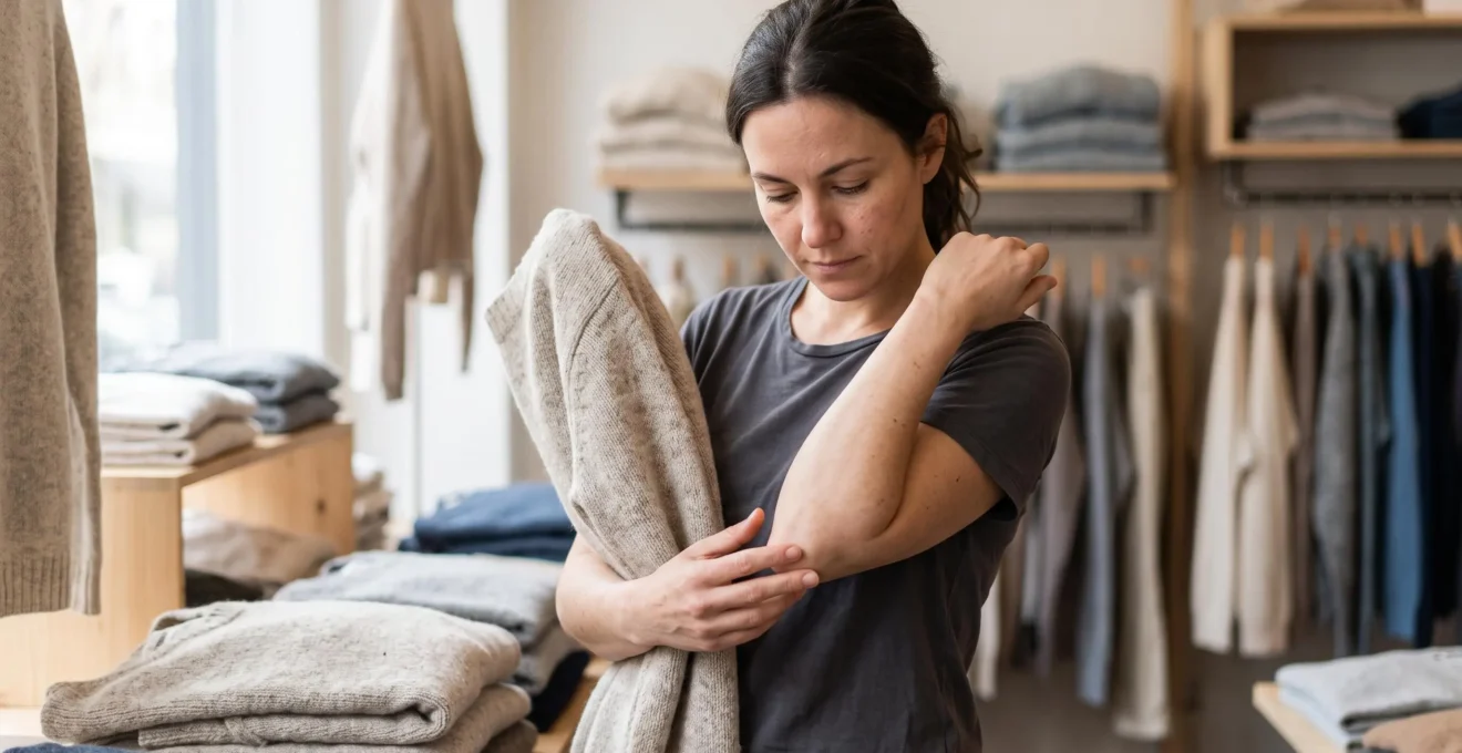 Une femme presse en ракu la manche d'un vêtement neuf contre le pli de son coude dans une boutique pour tester la douceur du tissu sur sa peau.