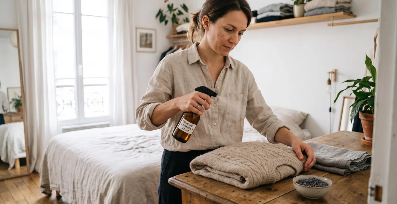 Une femme vaporise à distance une brume textile sur un pull en laine posé sur une commode en bois, dans une chambre lumineuse.