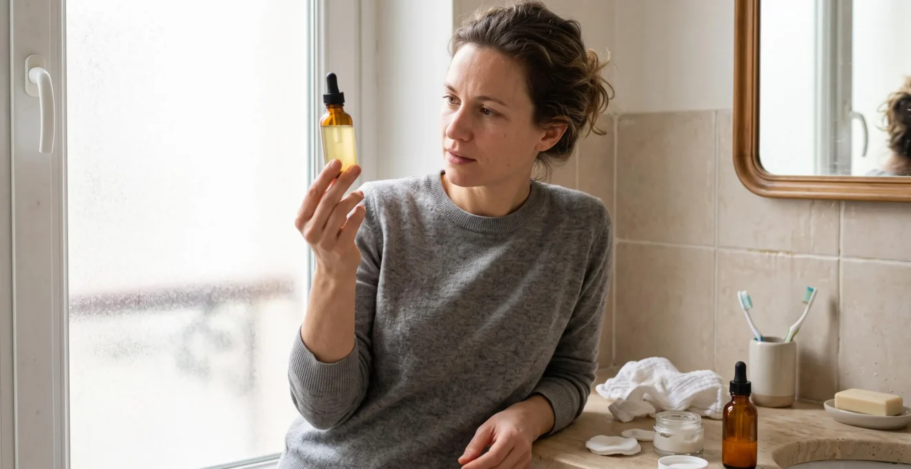 Une femme inspecte la couleur du liquide dans un flacon de sérum vitamine C au-dessus du lavabo d'une salle de bain éclairée par la lumière du matin.
