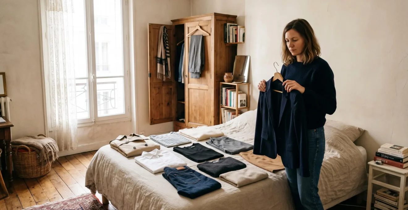 Une femme examine un blazer sur cintre devant une garde-robe capsule de douze pièces disposées sur son lit dans une chambre lumineuse.