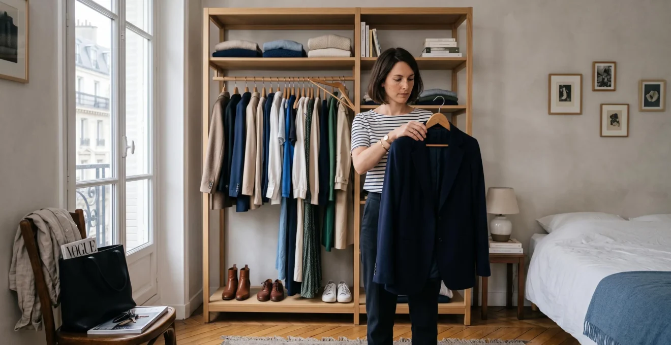 Une femme devant sa garde-robe ouverte, un blazer sur cintre à la main, dans une chambre parisienne au petit matin