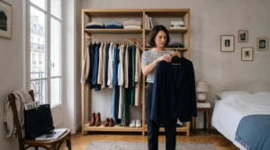 Une femme devant sa garde-robe ouverte, un blazer sur cintre à la main, dans une chambre parisienne au petit matin