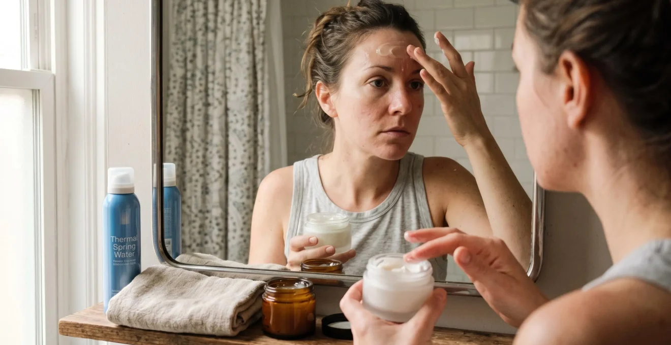 Une femme applique une gel-crème sur son front et son nez tout en tenant une crème plus riche destinée à ses joues, devant un miroir de salle de bains.