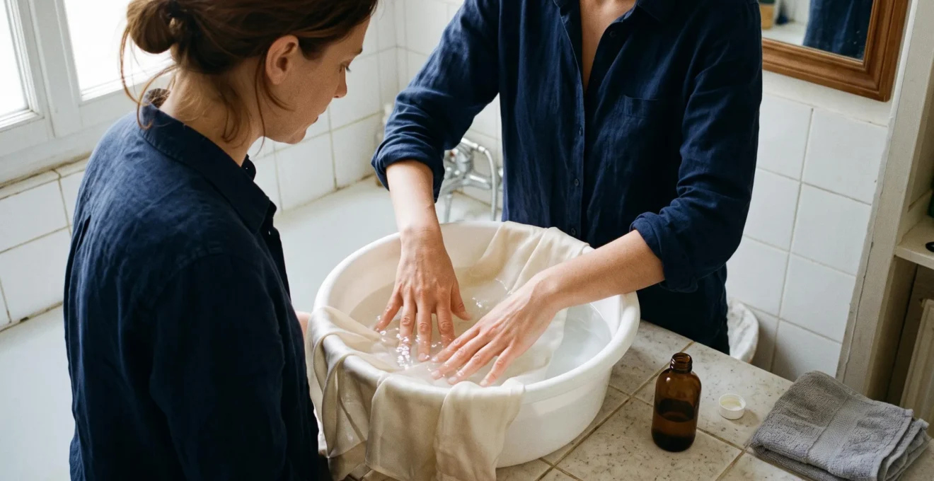 Une femme presse doucement une chemise en soie claire dans une bassine d'eau tiède posée sur le bord d'un lavabo, à côté d'une serviette éponge pliée.