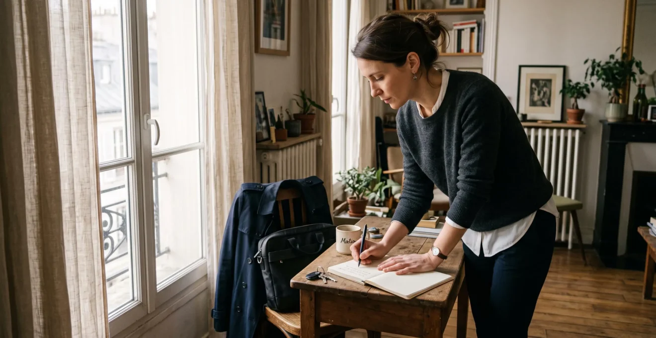 Une femme debout à son bureau près d'une fenêtre écrit une note dans un carnet lors de son rituel du matin, une tasse de café posée à côté.