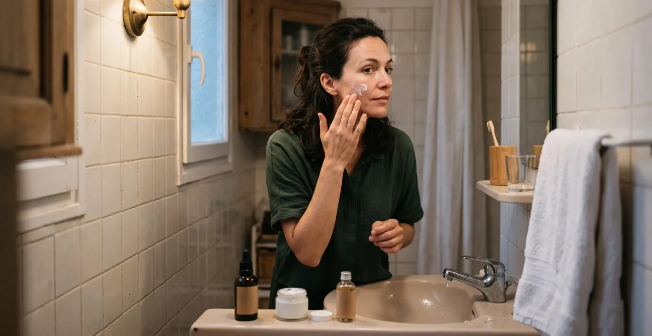 Une femme applique une crème sur sa joue devant le miroir de sa salle de bain, trois flacons sans marque alignés au bord du lavabo.