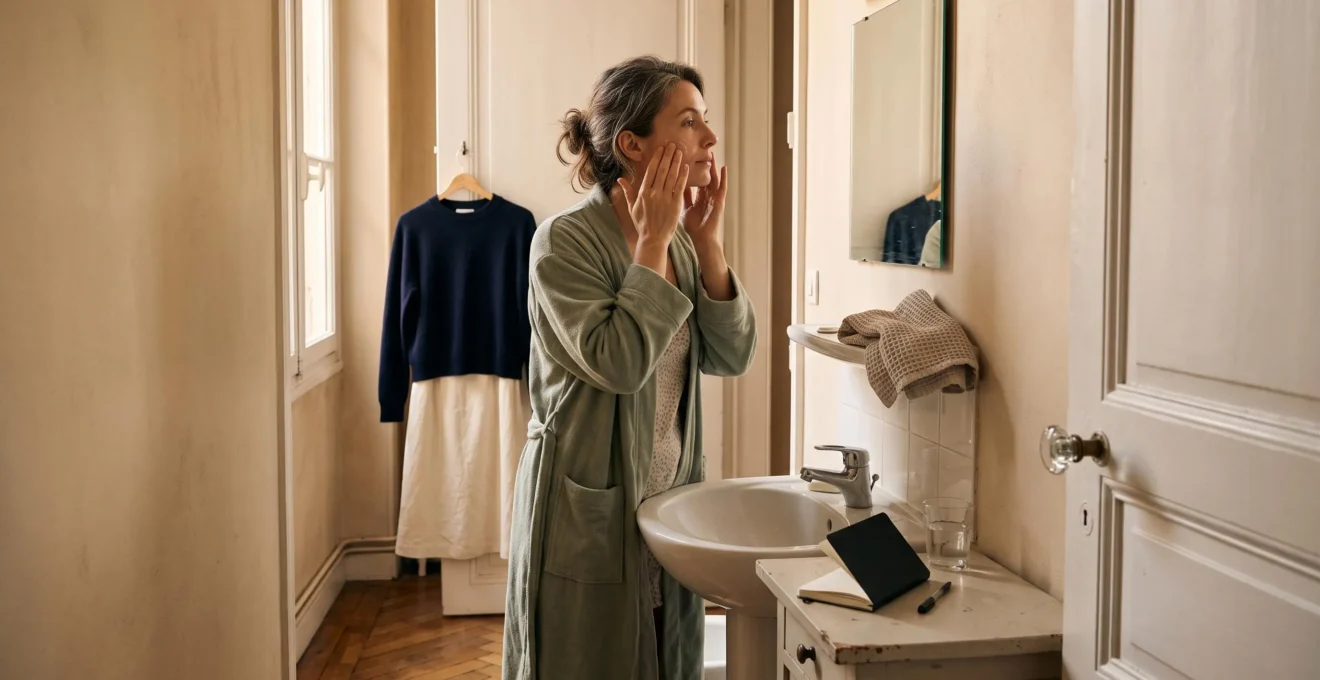 Une femme applique un soin visage devant un miroir tôt le matin, une tenue préparée pend à côté dans un appartement lumineux.