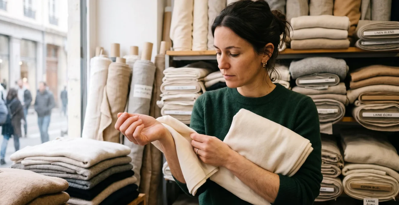 Une femme teste au poignet la douceur d'un tissu en coton dans une boutique de textile.
