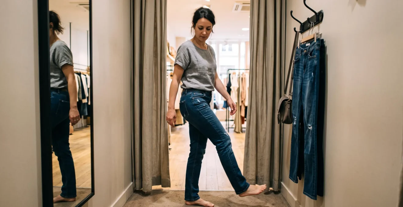 Une femme marche dans une cabine d'essayage pour tester la mobilité d'un jean, en observant la tension du tissu sur ses cuisses.