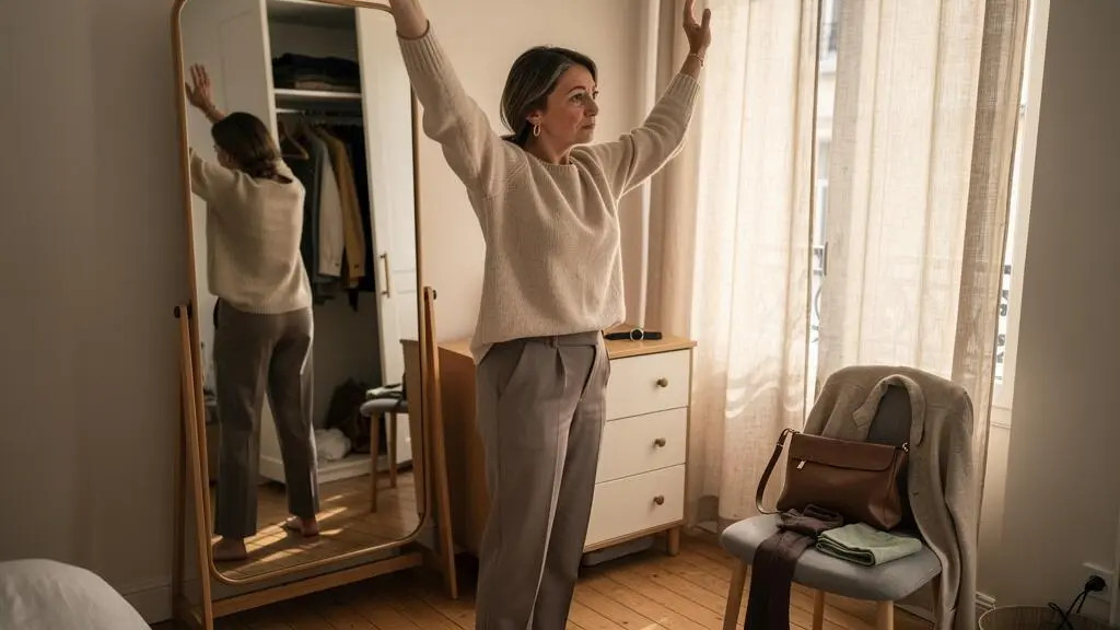 Une femme lève les bras devant un miroir pour tester le maintien de sa tenue avant une longue journée.